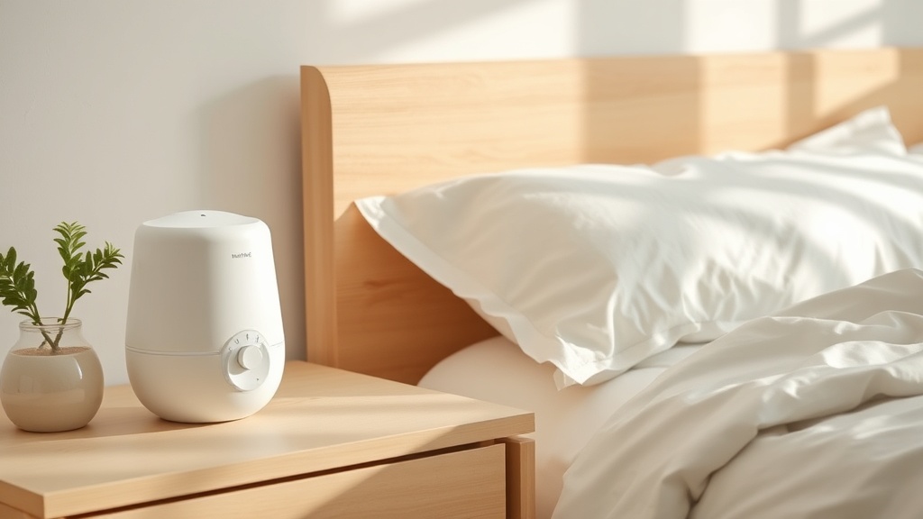 침대 옆 협탁에 놓인 온습도계와 소형 가습기가 실내 환경을 조절하는 모습