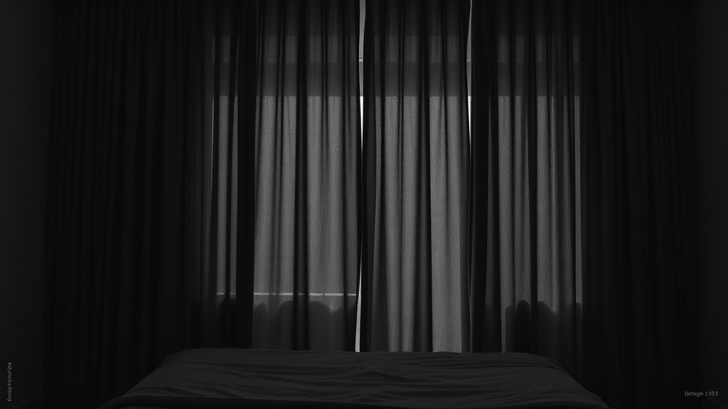 완벽하게 빛이 차단된 침실에서 두꺼운 암막 커튼이 창문을 가리고 있어 아늑하고 정온한 분위기를 조성하는 모습