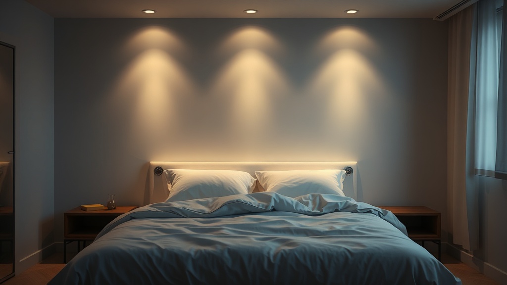 아늑한 간접 조명과 정돈된 침구가 갖춰진 편안한 수면 환경을 보여주는 침실 모습