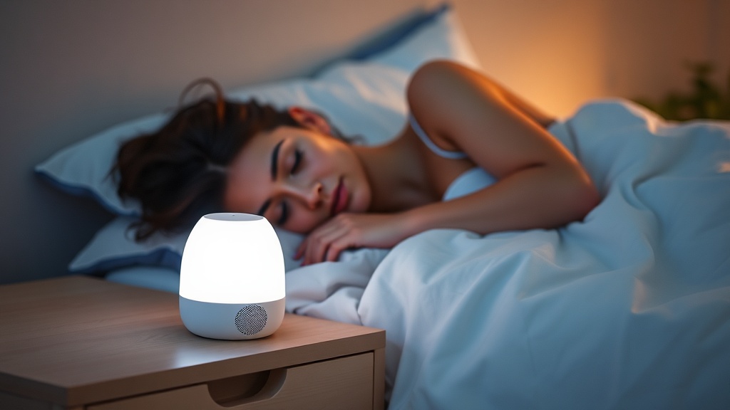 조용한 침실에서 백색 소음 기기를 활용해 평온하게 잠들어 있는 사람의 모습